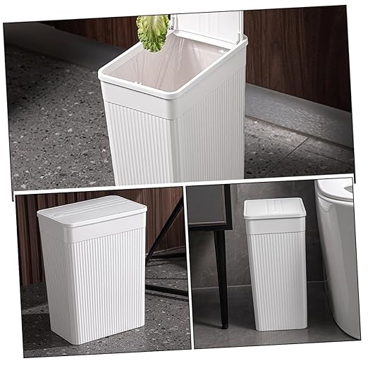 Press Lid Trash Can Large White Square Plastic Wastebasket with Covered Lid for Bathroom Kitchen Household Portable Small Trash Bin for Home Organization