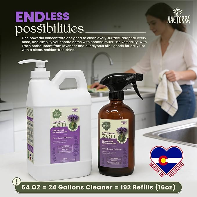 Naeterra Lavender Zen All-Purpose Cleaning Concentrate Kit – 64 oz Jug Makes 24 Gallons | Includes 16 oz Amber Glass Spray Bottle | Plant-Based Essential Oil Scented EWG Green-Rated Ingredients