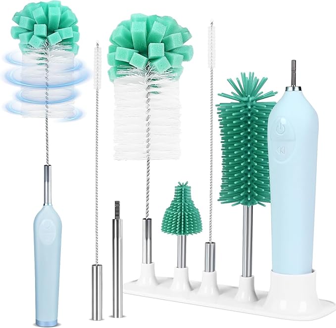 Electric Bottle Brush Cleaner with Holder Rechargeable Automatic Water Bottle Cleaner with Stainless Steel Extension Handle Extra Long Water Bottle BrushNipple Brush Straw Cleaner Brush
