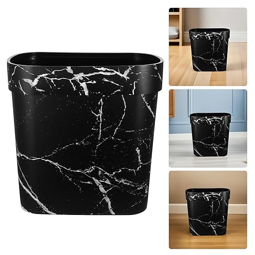 VALICLUD Oval Marble Pattern Plastic Wastebasket Open Top Trash Bin with Innovative Ring for Secure Bag Placement for Bathroom Kitchen and Office Use Easy