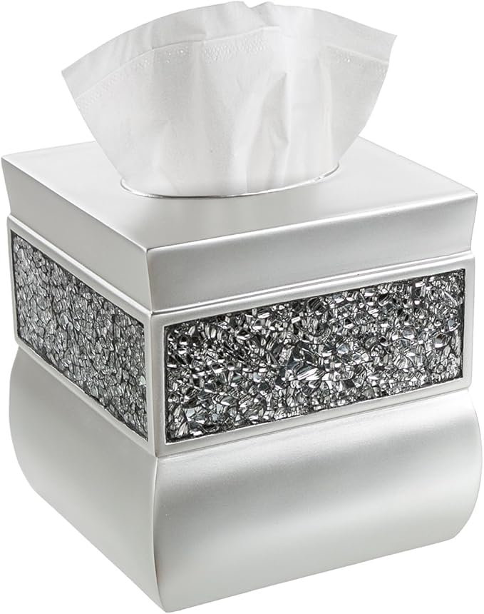 Creative Scents Crackled Glass Silver Tissue Box Cover Square - Decorative Tissue Box Holder - Tissue Holder Vessel for Bathroom with Durable Bottom Slider Elegant Home or Bathroom Decor