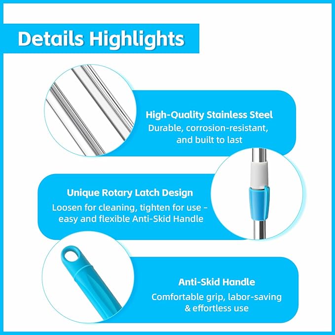 Spin Mop Replacement Handle 47.6-inch 360 Degrees Rotating Telescopic Replacement Mop Stick with a Robust Stainless Steel Disc for Spin Mop Bucket Cleaning System (Stainless Steel DiscBlue)