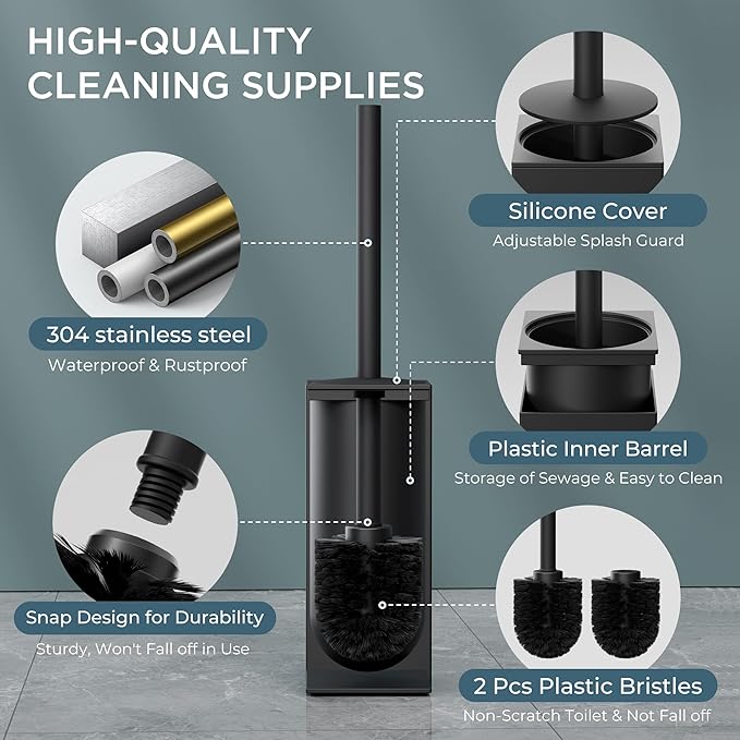 FORIOUS Toilet Brush and Holder Set Heavy Duty 304 Stainless Steel Base Square and Long Handle for Bathroom Deep Cleaning Drip-Proof Space Saving for Storage 2 Toilet Bowl Brush Head Black