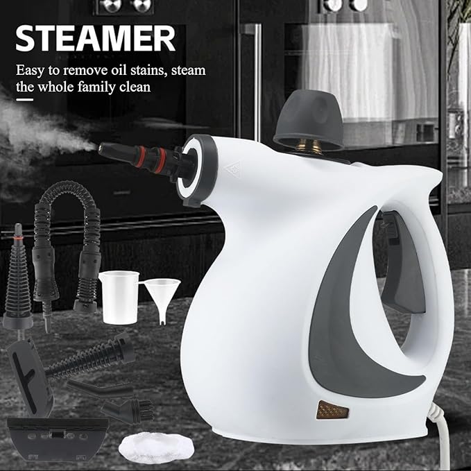 Handheld Steam Cleaner Multipurpose 1050W Motor 9 Accessories 3.0BAR High-Pressure Steam 135°C Fast Steam 0.4L Tank 8-10 Mins Runtime – for Kitchen Bathroom Car Furniture (ashen)