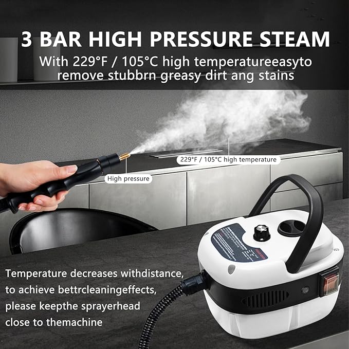 Handheld Steam Cleaner 2500W Pressurized Steam Cleaner with 3 Brush Heads Portable Steam Cleaner for Home Car Furniture Kitchen Bathroom and Wall White