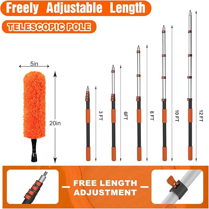 20FT Reach High Ceiling Duster Kit Window Cleaning kit with 3-12FT Extension Pole Fan Duster for Ceiling Fan Blades Microfiber Feather Duster Window Squeegee Bucket and Cobweb Duster