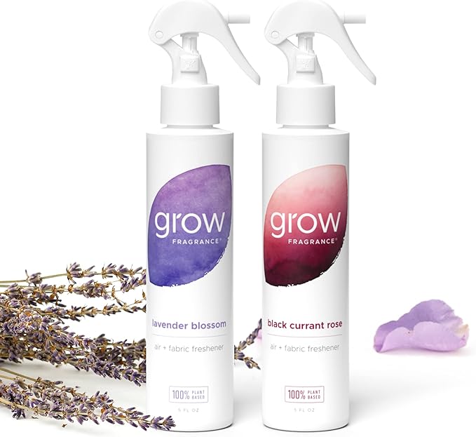 Grow Fragrance Scented Fabric and Room Air Freshener Spray - Certified Non-Toxic 100% Plant-Based Essential Oils - 5 oz (Lavender Blossom + Black Currant Rose 2-Count)