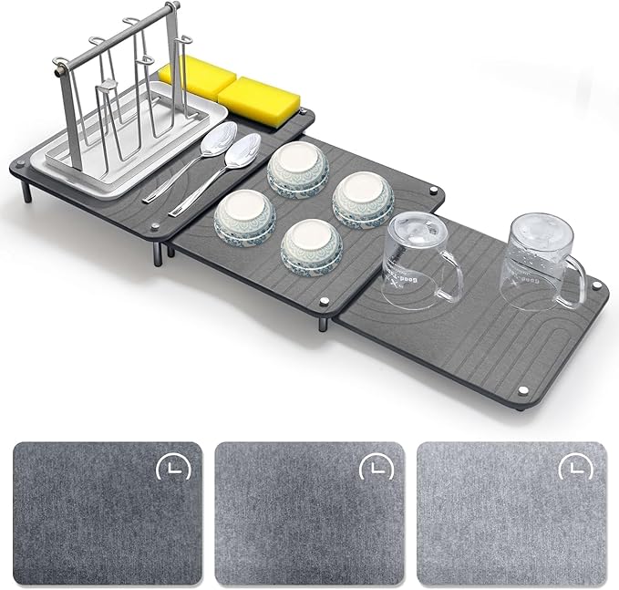 3Pcs Nesting Stone Drying Mat for Kitchen Counter Quick Drying Stone Dish Drying Mat with Non-Slip Feet Super Absorbent Heat Resistant Diatomaceous Earth Dish Drying Mat for Dishes Bottles-Wave
