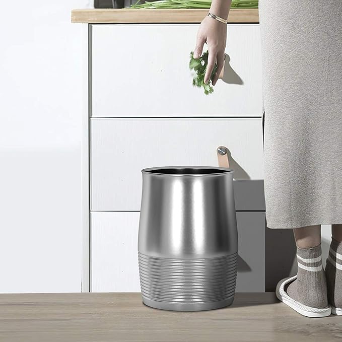 nu steel Arvada Ribbed Metal Rust Resistant Stainless Steel Small Trash Can Wastebasket Garbage Container Bin for Bathrooms Powder Rooms Kitchens Home Offices
