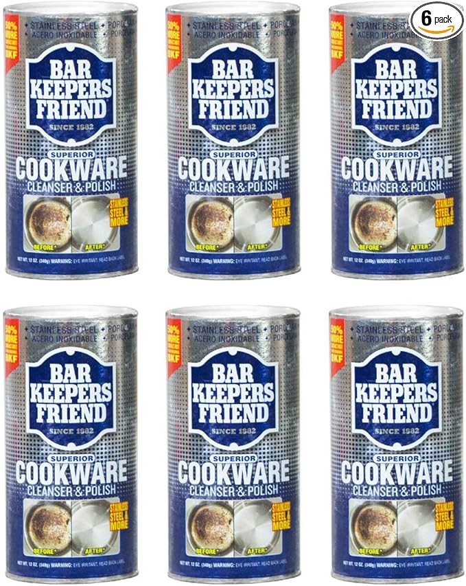 Bar Keepers Friend Cookware Cleanser &amp Polish (12 oz) - Cleaner Degreaser &amp Stain-Remover - for Use on Stainless Steel and Copper Pots Pans and Utensils Glass Casserole Dishes and More (6)