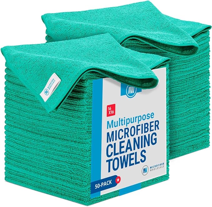 Microfiber Wholesale 16 x 16 All Purpose Towels - 50 Pack - Reusable Wash Cloths Dust Kitchen Car Shop Rags for Cleaning (Green)