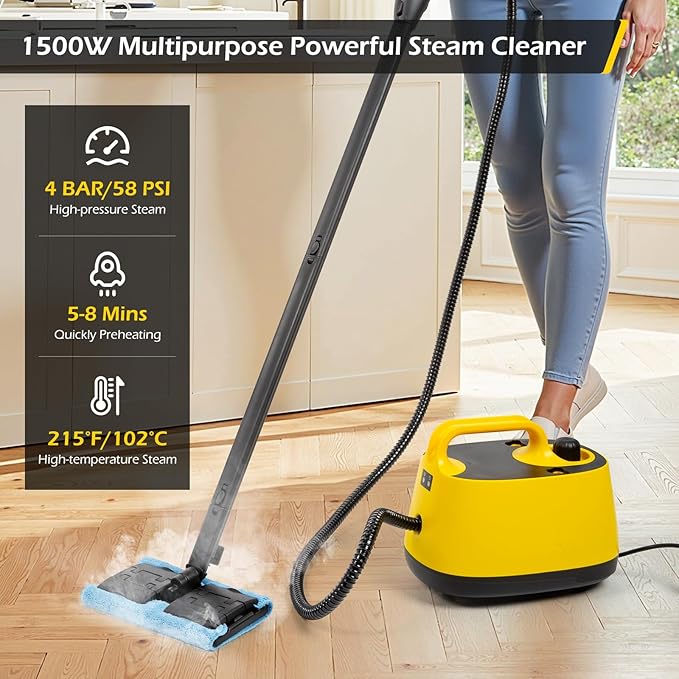 Dyna-Living Steam Cleaner 1500W Steamer for Cleaning with 1.5L Water Tank Car Steamer Cleaner for Multi-Surface Floors High-Pressure Steam Cleaner for Car Portable Car Steamer for Auto Detailing