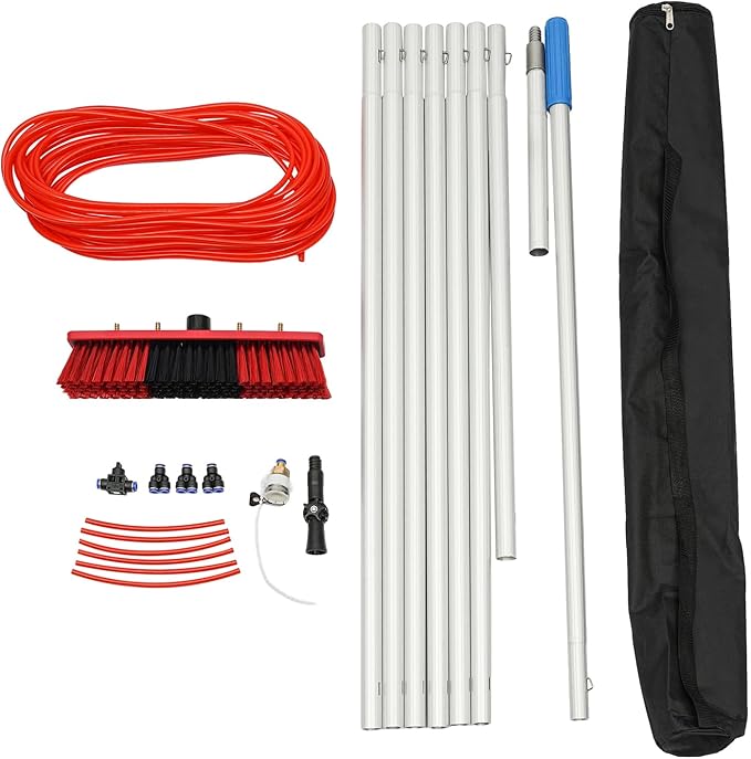 Window Cleaning Rod Water Fed Pole Brush Kit 26Ft Adjustable Window Cleaning Brush and Pole 65Ft Water Pipe Washing Tool Use for Outdoor and Indoor Glass Surfaces