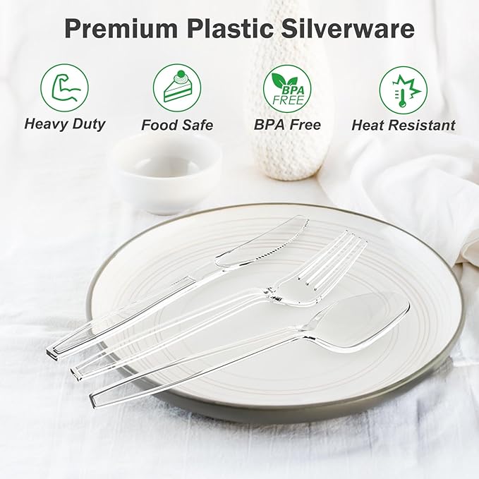 360 Count Extra Heavy Duty Clear Plastic Forks and Spoons 180 Forks &amp 180 Spoons Heat Resistant Disposable Plastic Silverware Set