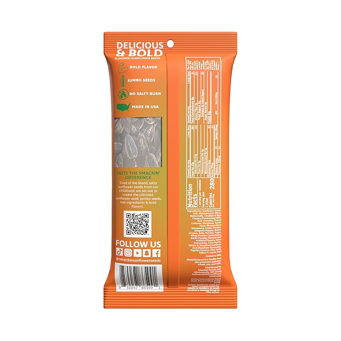 SMACKIN' Sunflower Seeds Roasted Jumbo Small-Batch American Made - Cheddar Jalapeño. 1.5oz bags (6 Pack)