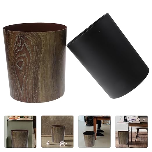 Housoutil Imitation Wood Grain Trash Can 8L Large Capacity Round Wastebasket Sturdy Kitchen and Bathroom Garbage Bin for Home Office Hotel Use