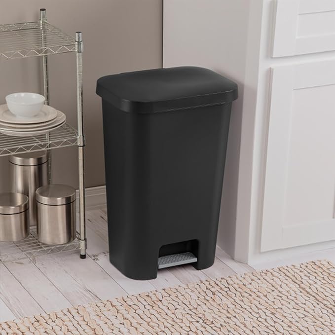 Sterilite 11.9 Gallon Rectangular Step On Kitchen Plastic Indoor Wastebasket with Wide Opening Lid and Comfort Handle for Home Black (8 Pack)