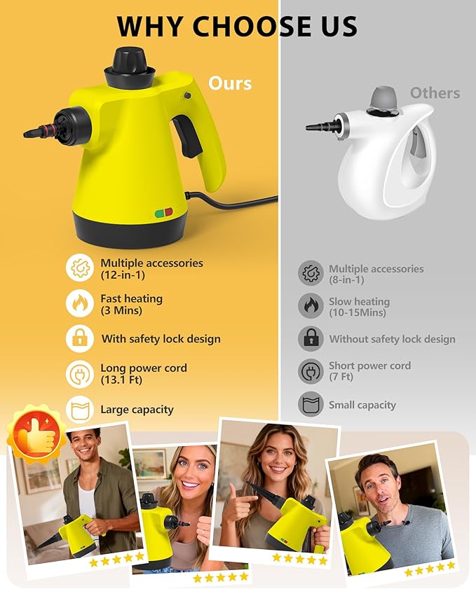Steam Cleaner - Handheld Steam Cleaner with 12Pcs Accessories &amp Safety Lock Pressurized Handheld Steam Cleaner for Home Tile Windows Bathrooms Kitchens Grease Car Yellow