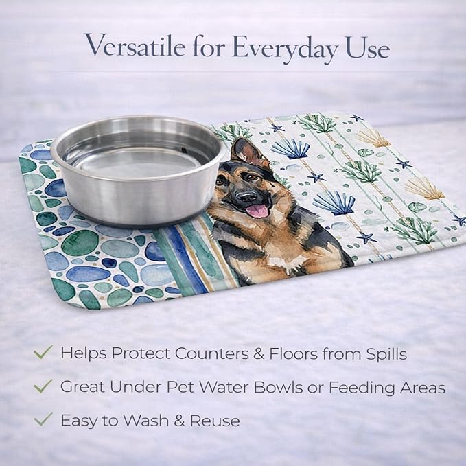 Caroline's Treasures German Shepherd Coastal Sea Glass Dish Drying Mat Absorbent Dish Drying Mat Pad for Kitchen Counter Dish Drainer Mat for Countertop 14 x 21 Multicolor