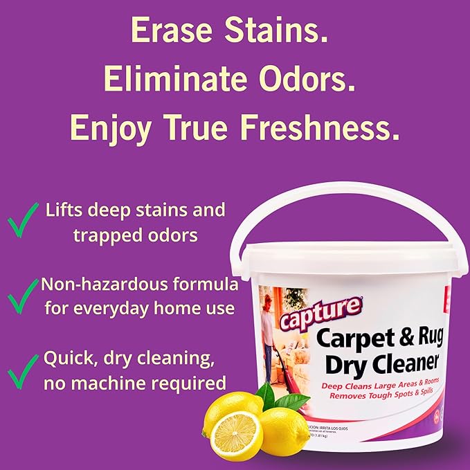 Capture Carpet &amp Rug Dry Cleaner w/Resealable lid - Home Car Dogs &amp Cats Pet Carpet Cleaner Solution - Strength Odor Eliminator Stains Spot Remover Non Liquid &amp No Harsh Chemical (4 Po