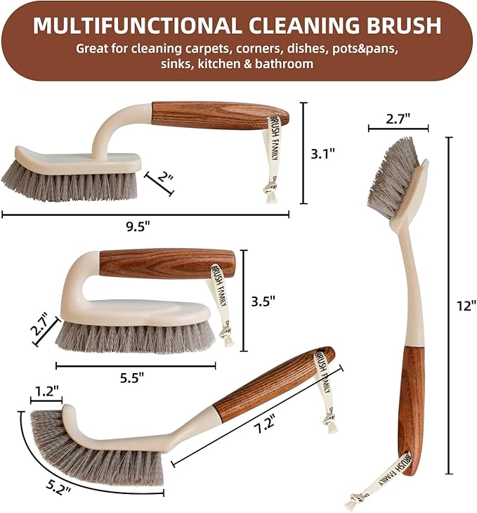 4-Pack Heavy Duty Scrub Brushes Set with Wooden Handles Triangle &amp Square Floor Scrubber Dish Brush Grout Cleaner for Kitchen Bathroom Tile Carpet &amp Stubborn Stains Removal