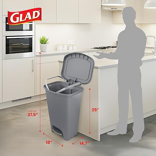 Glad Kitchen Trash Can | Large Plastic Waste Bin with Odor Protection of Lid | Hands Free with Step On Foot Pedal and Garbage Bag Rings 13 Gallon Grey