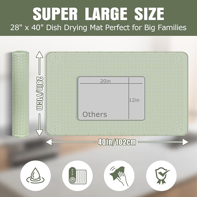 Kalolary Extra Large Silicone Dish Drying Mat 40 x 28 Drying Drainer Pad for Kitchen Counter Silicone Under Sink Mat with Raise EdgeWaterproof Pet Feeding Mat Bar Mat Non-Slip (Green)