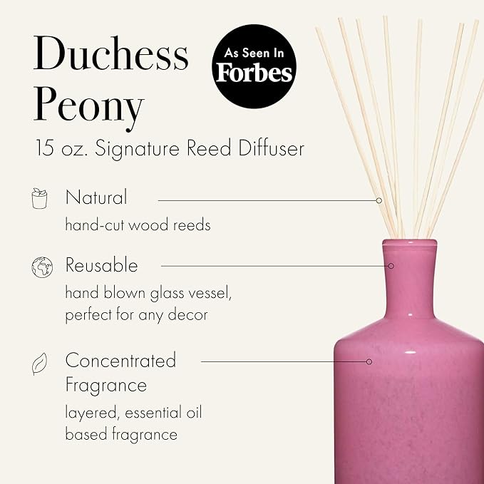 LAFCO New York Signature Reed Diffuser Duchess Peony - 15 oz - Up to 9 Months Fragrance Life - Reusable Hand Blown Glass Vessel - Natural Wood Reeds - Made in The USA