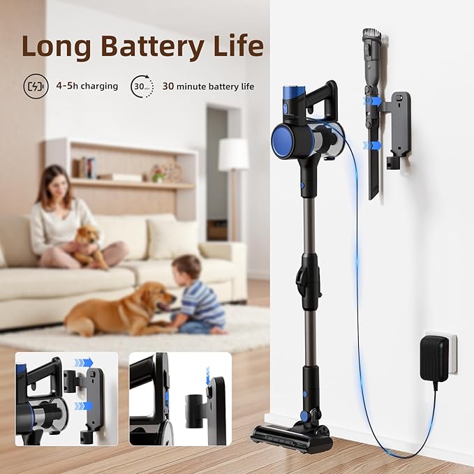 COWSAR Cordless Stick Vacuum Cleaner Bagless Lightweight Stick Vacuum for Carpet and Floor 8-in-1 Rechargeable Wireless Powerful Suction Vacuum Cleaner for Home Blue