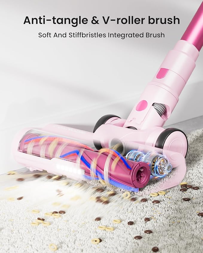 Cordless Vacuum Cleaner55KPa 650W 65Mins Vacuum Cleaners for HomeStick Vacuum with LED Display &ampAnti-tangle Brush and Self-Standing DesignVacuum Cleaner for Hardwood FloorsCarpetPet Hair(Pink