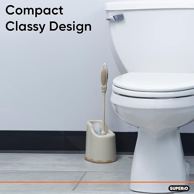 Superio Toilet Bowl Brush and Holder with Under Rim Cleaner for Bathroom Toilet Brush and Caddy with Non Scratch Bristles and Under Rim Lip Brush Beige (2 Pack)
