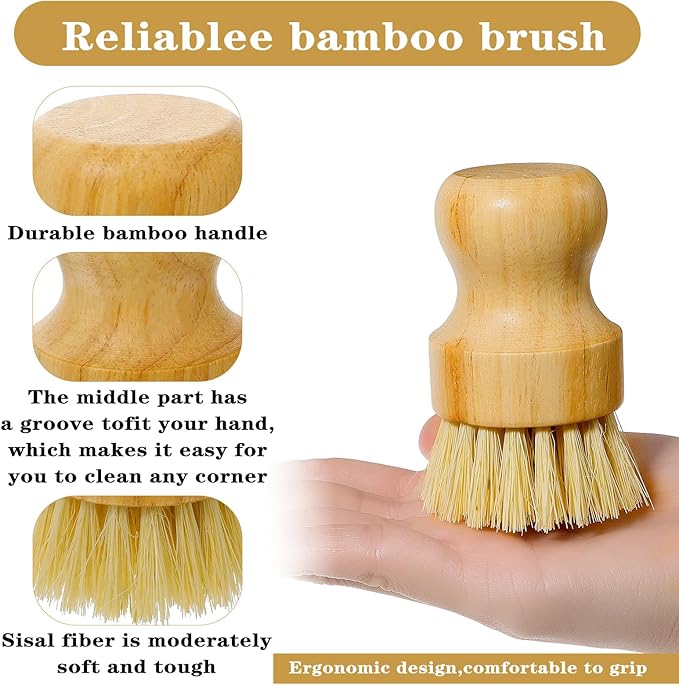 12 Pcs Bamboo Dish Scrub Brushes with Natural Sisal Bristles for Cleaning Pots Pans Dishes Sink 3.14x2.17 Inches