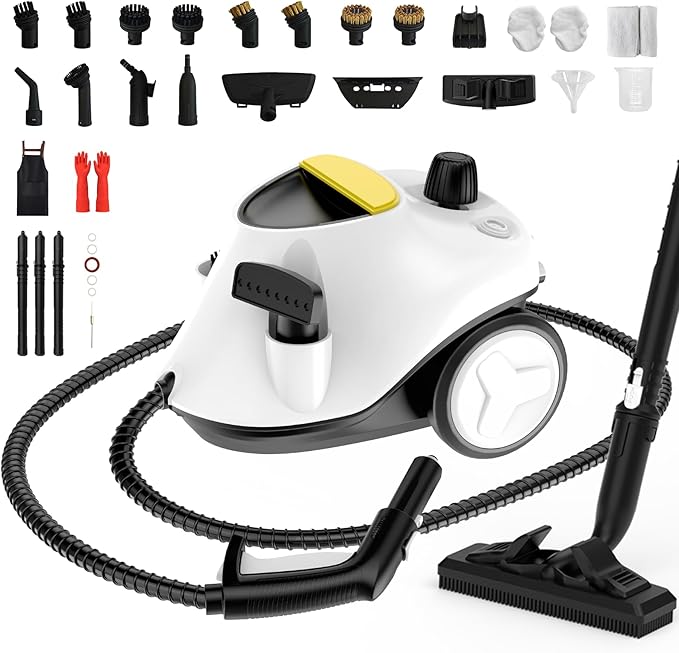 Steam CleanerMultipurpose Neat Canister Steamer with 27 Accessories 5 Mins Heating with 1.5L TankRolling Cleaning Machine for Carpet FloorsWindowsMirrorsGlass and Cars (White3)