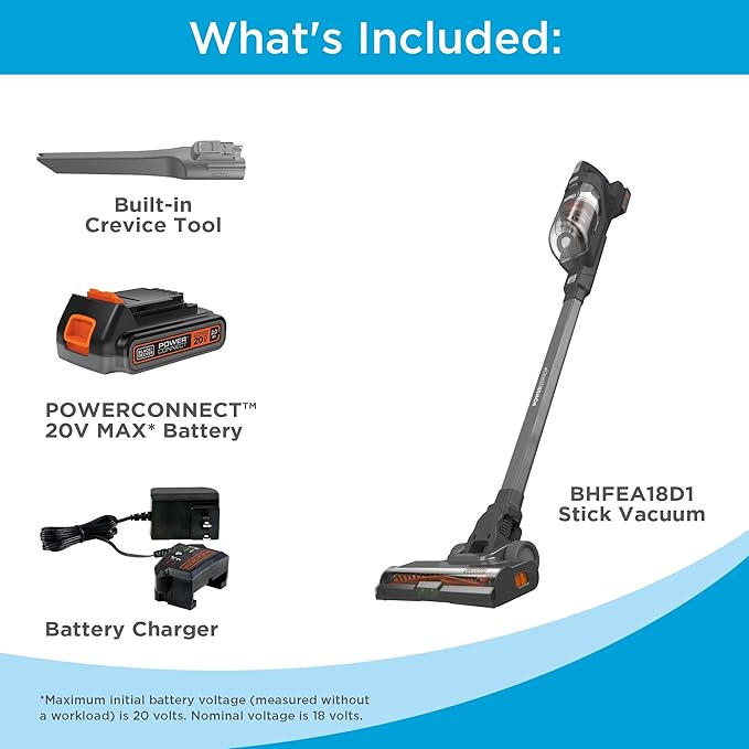 BLACK+DECKER POWERSERIES 20V MAX Cordless Stick Vacuum Cleaner Household Vacuum Cleaners for Hardwood Floors and Carpet LED Lights Detachable Anti-Tangle Lightweight Bagless (BHFEA18D1)