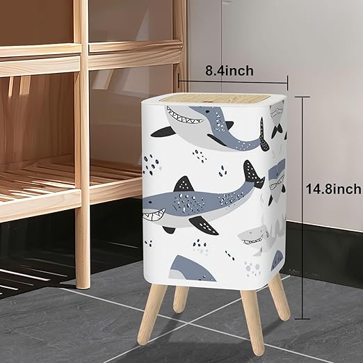 Small Trash Can with Lid seamless pattern cute sharks white Funny smiling sharks Sea ocean sea 2.6 Gallon/10L Garbage Can Waste Bin with Pop-Up Lid Wood Legs Wastebasket for Bathroom Kitchen Bedroom