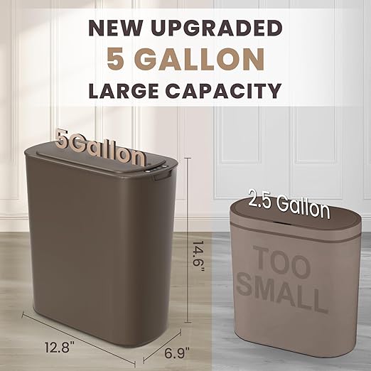 Cesun Bathroom Trash Can with Lid 5 Gallon Motion Sensor Trash Can Small Automatic Garbage Can Touchless Smart Plastic Slim Wastebasket for Bedroom Office rv Living Room Brown
