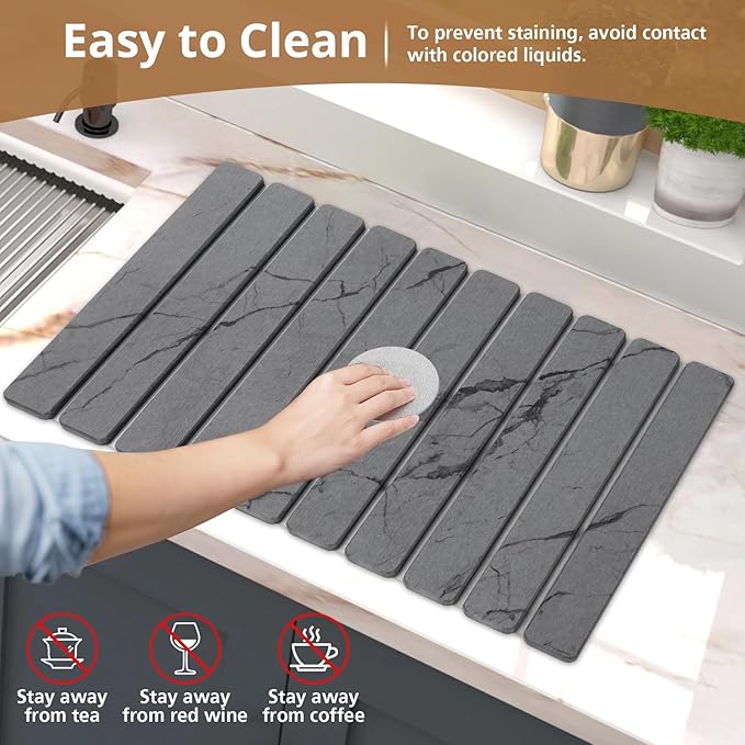 3 PCS Large Stone Dish Drying Mat for Kitchen Counter Quick Dry Stone Dishes Mats Foldable and Super Absorbent Diatomaceous Earth Drying Pad for Plate Rack Utensils 24×16 Dark Gray Marble