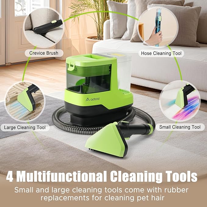 AAOBOSI Portable Carpet Cleaner Machine 17Kpa Upholstery Steam Cleaner with Smart Voice Prompting Self-cleaning 4 Tools for Pets Car Couch and Stairs- C688 Green
