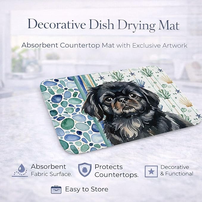 Caroline's Treasures Black Pekingese Coastal Sea Glass Dish Drying Mat Absorbent Dish Drying Mat Pad for Kitchen Counter Dish Drainer Mat for Countertop 14 x 21 Multicolor