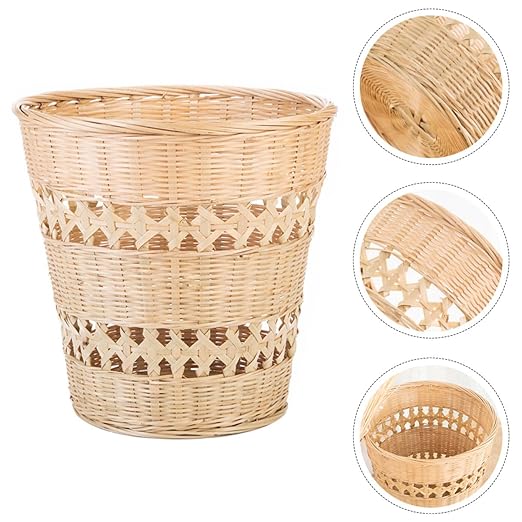 Woven Trash Can Handwoven Rubbish Basket Natural Wood Wastebasket Rustic Storage Basket for Bathroom Living Room Home Organization