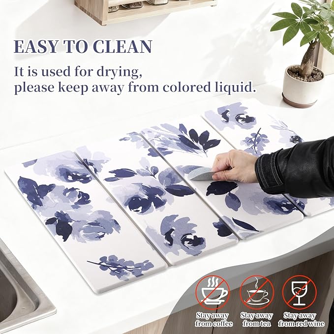 3 PCS Stone Dish Drying Mat for Kitchen Counter Quick Dry Foldable Stone Dishes Mats Water Absorbing Diatomaceous Earth Drying Organizer for Dishes Bottles Cups and Tableware (Blue)