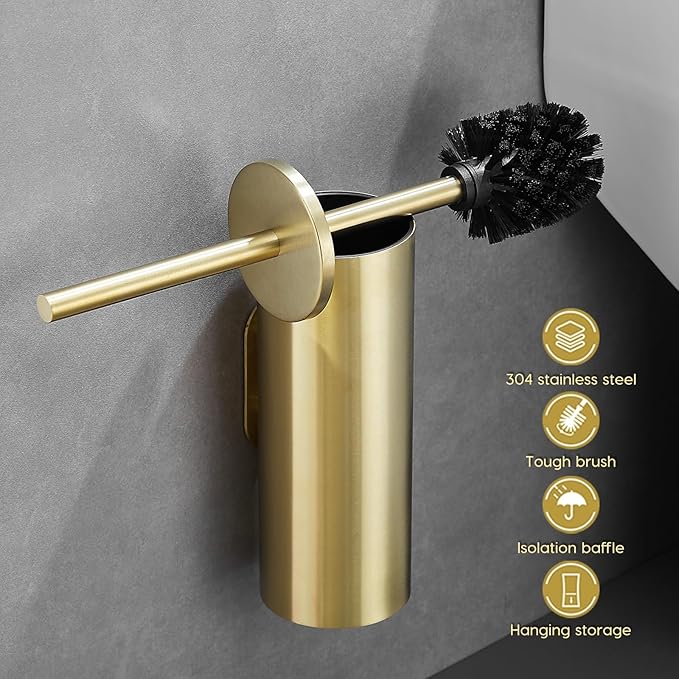 Gold Brushed Stainless Steel Toilet Brush and Cover No-Punch Hook Base Dual Purpose Toilet Brush Holder with Removable Inner Bucket and Splash Cover - Soft Bristles (Brushed Gold)