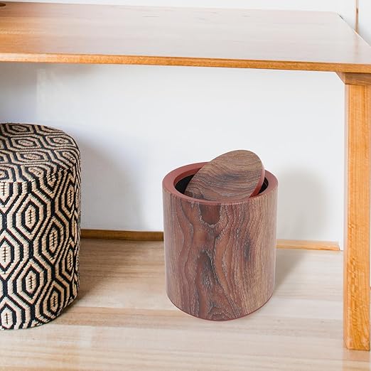 Wood Grain Small Trash Can with Swing Lid Medium Round Wastebasket Plastic Flip Lid Dustbin for Bathroom Kitchen Bedroom Home Office Use
