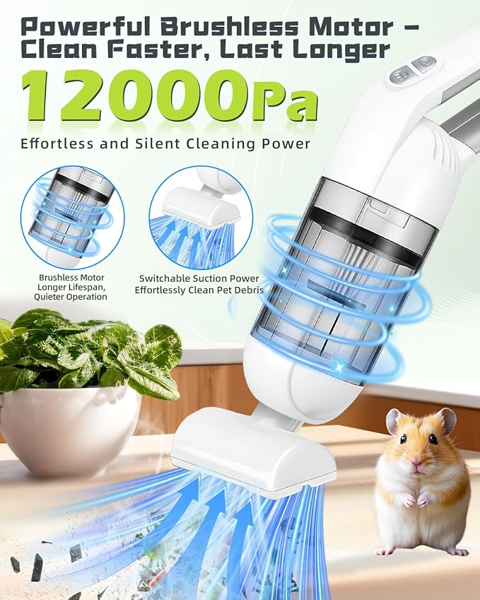 Guinea Pig &amp Rabbit Vacuum Cleaner Poop – 12000Pa Cordless Long-Handle Cage Cleaner for Daily Pet Messes Ideal for Guinea Pigs Rabbits Birds Reptiles &amp Small Pets – White