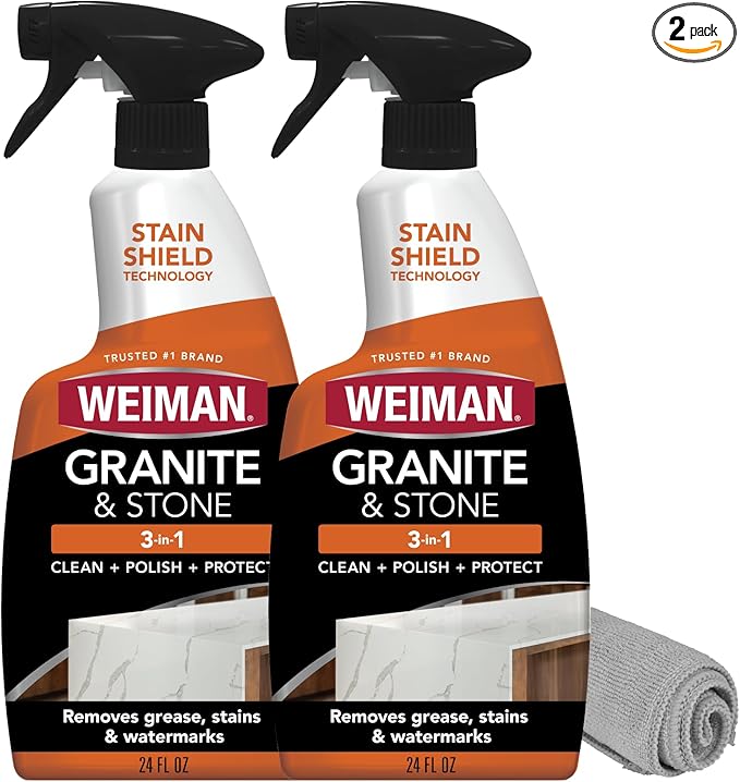 Weiman Granite and Stone Cleaner 3-in-1 Removes Grease Stains &amp Watermarks Streak-Free Formula with Stain Shield Technology Safe on Marble Quartz Tile Granite Quartzite &amp Slate