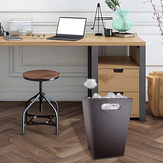 GORESE Leather Trash Can Bathroom Wastebasket 16L/4.2 Gallon Office Garbage Can with Handles for Near Desk Square Bedroom Waste Basket Bin for Home Dorm Decorative Brown