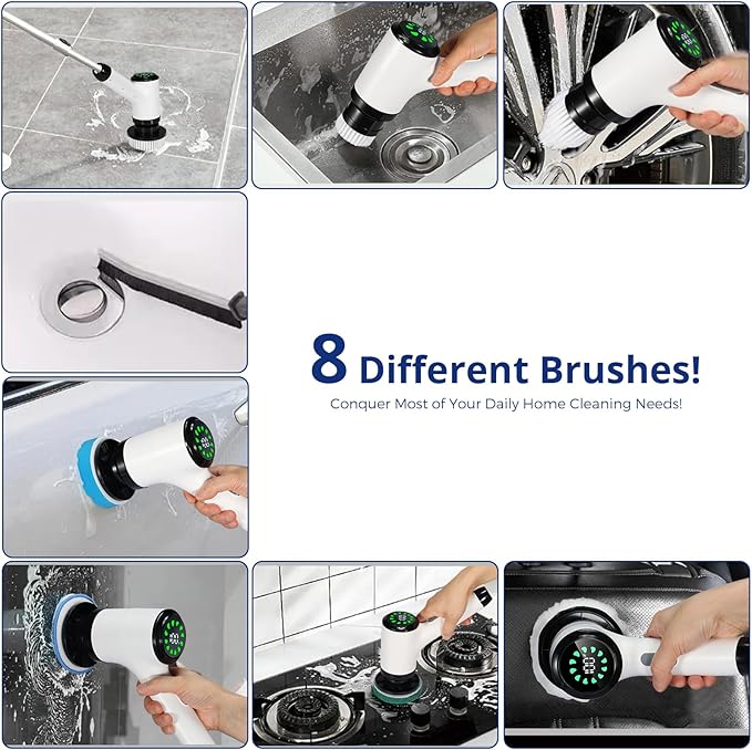 Electric Spin Scrubber Cordless Power Cleaning Brush with 8 Replaceable Heads 2 Adjustable Speeds LED Display &amp Long Handle Ideal for Bathroom Tub Tile Floor Car Cleaning