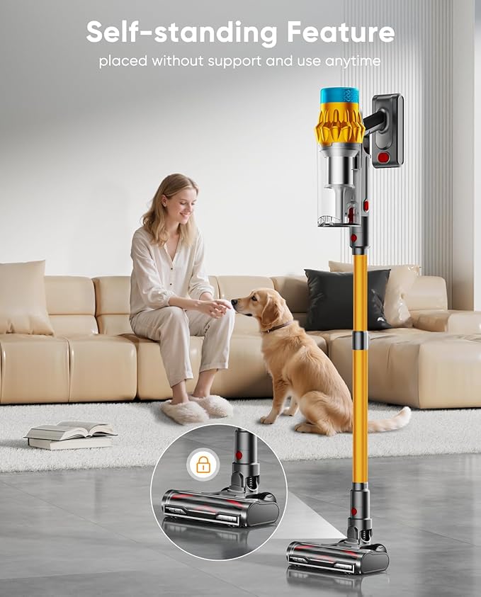 Cordless Vacuum Cleaner 650W/55KPA/70 Mins Vacuum Cleaners for Home with Self-Standing Anti-Tangle Brush Smart Display and 1.8L Cup Cordless Stick Vacuum Cleaner for Pet Hair/Carpets