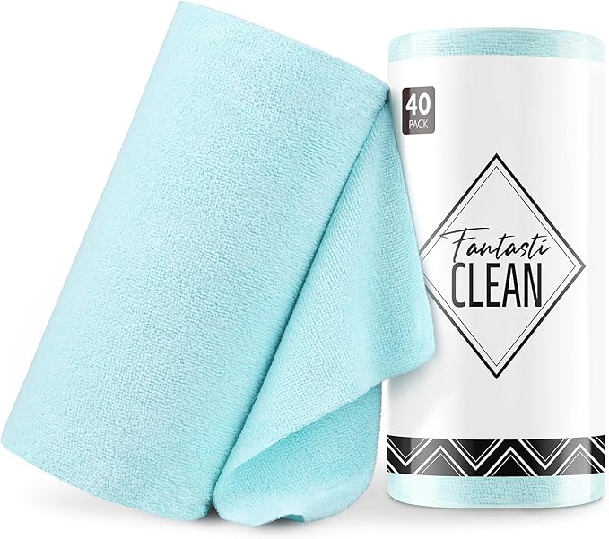 Fantasticlean Microfiber Cleaning Cloth Roll -40 Pack Tear Away Microfiber Towels 12 x 12 Reusable Washable Scratch Free Ultra Absorbent Dishcloth for All-Around Cleaning Supplies (Blue)