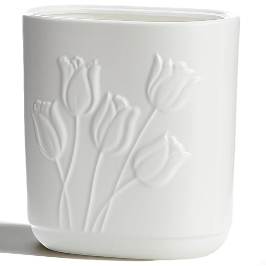 White Ceramic Tulips Small Bathroom Trash Can 2.6 Gal (10 Liter) - Heavy &amp Decorative Garbage Bin for Bathroom Kitchen Office Bedroom &amp Living Room Corner